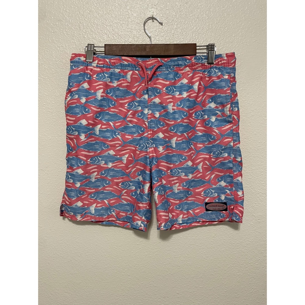 Vineyard Vines Swim Trunks Boys L (16) Pink Blue Fish Print Excellent Nautical